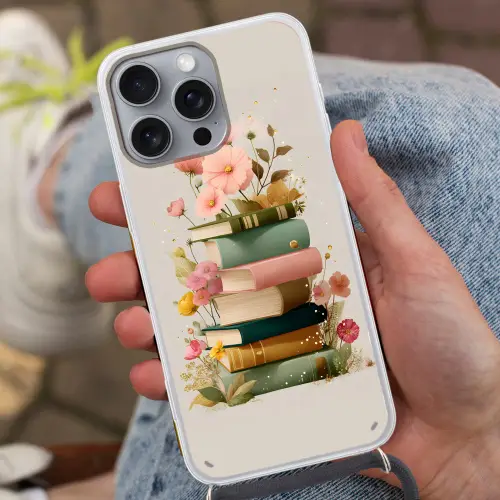Boeken - Stapel - Bloemen - Kleurrijk Hoesje iPhone 16 Pro Max met koord klein -sfeer3