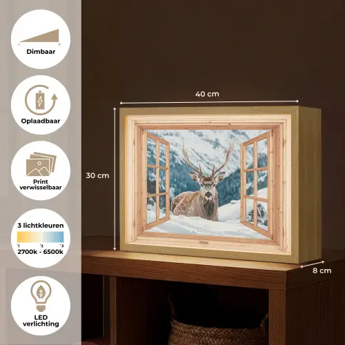 Doorkijk - Hert - Landschap - Winter - Natuur - Dieren - Bergen Light Box met batterij (Wandlamp) middel -USP_websiteoverzichtNL