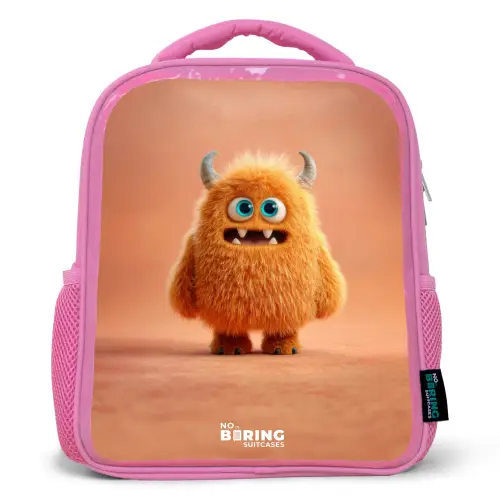 Oranje Pluizig Monster met Hoorns Kinderrugzak - Roze middel -3d