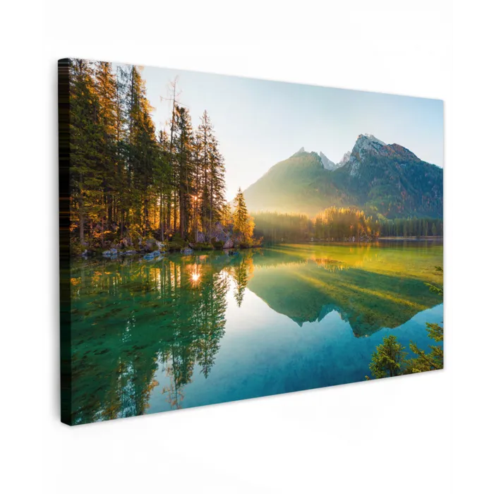 Meer - Bos - Bergen - Natuur - Zon - Landschap Tuinposter op houten frame 2 cm dik klein -3d