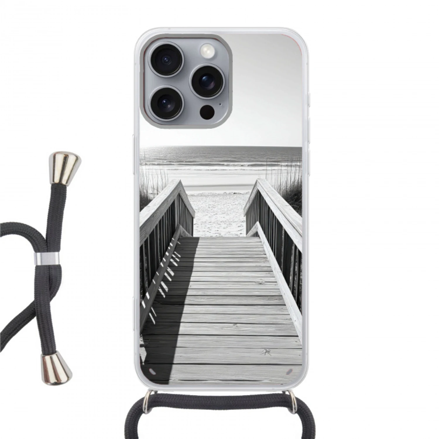 Loopbrug - Hout - Strand - Zee Hoesje iPhone 16 Pro Max met koord klein -3d