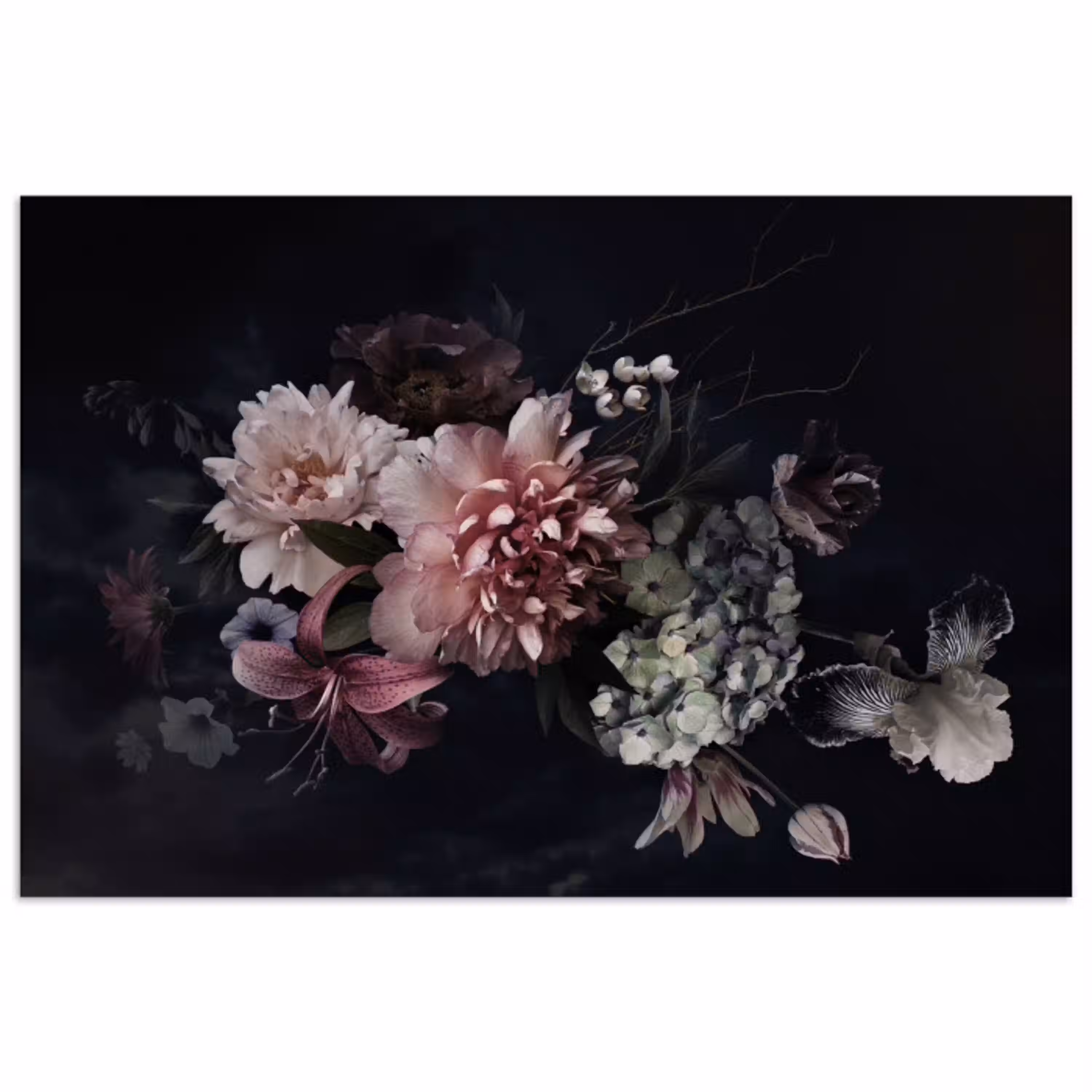 Bloemen - Vintage - Pastel - Zwart - Boeket poster papier klein -3d