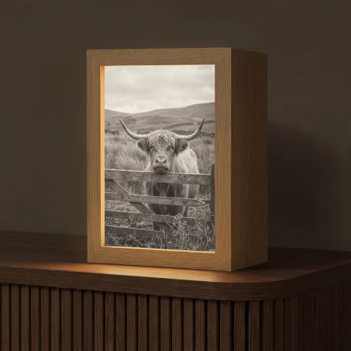 Schotse hooglander - Zwart - Wit - Hout Light Box met kabel (Tafellamp) klein -z3d_website