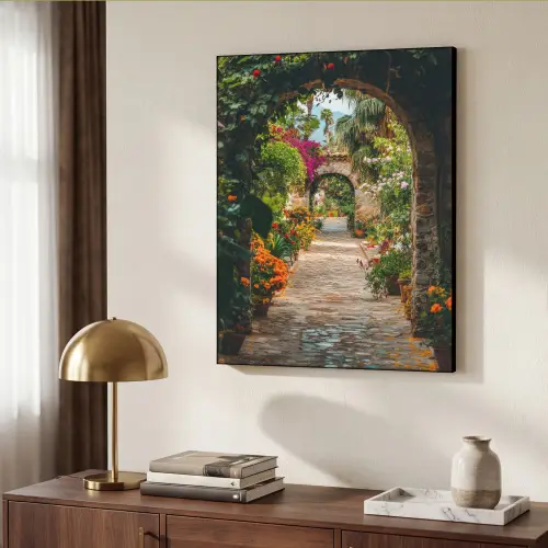 Doorkijk - Bloemen - Poort - Stenen Textielframe zwart klein -sfeer3