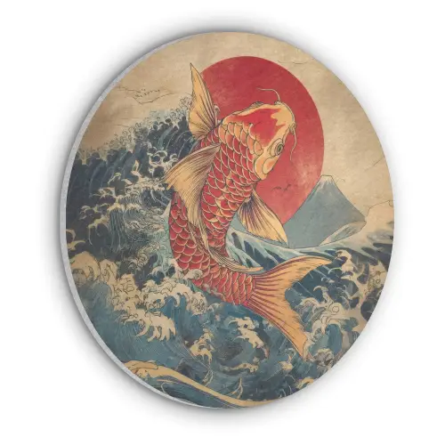 Koi - Zee - Golven - Zon Akoestische PET Vilt - Rond klein -3d