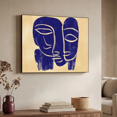 Okergeel - Blauw - Eenvoudige lijnen Textielframe zwart klein -sfeer3