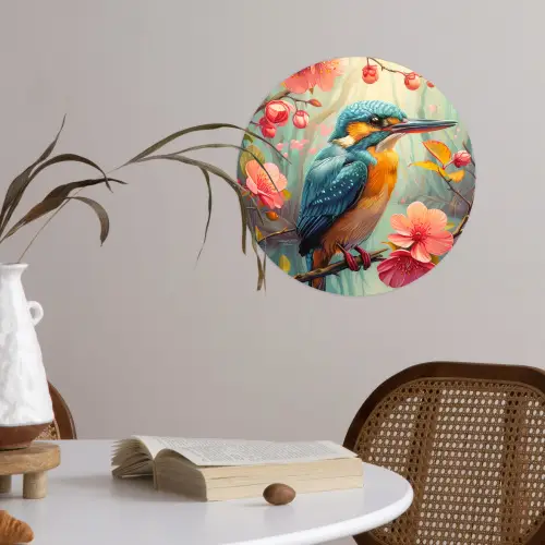 IJsvogel - Bloesem - Natuur - Vogels - Bloemen Wandcirkel behangsticker klein -sfeer3