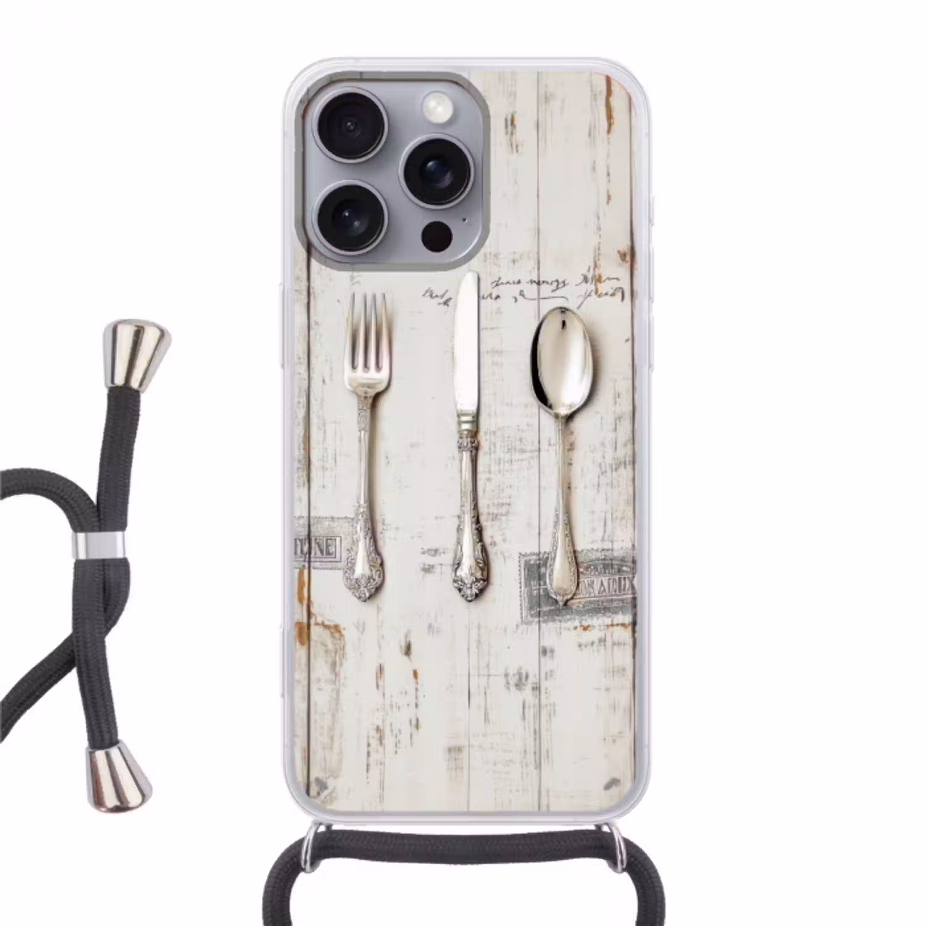 Zilver - Bestek - Hout Hoesje iPhone 16 Pro Max met koord klein -3d