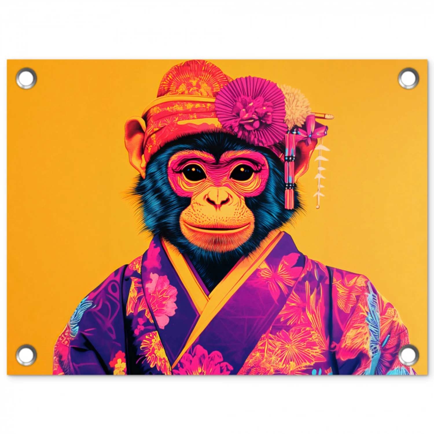 Aap - Kimono - Bloemen - Hoofdtooi tuinposter los doek klein -3d