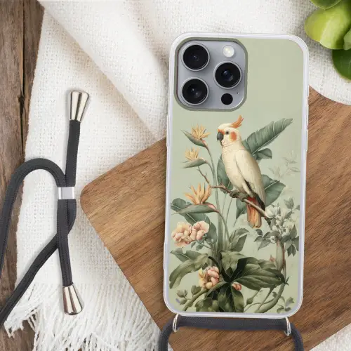 Gele kuifkaketoe - paradijsvogelbloemen - Groen Hoesje iPhone 16 Pro Max met koord klein -sfeer4