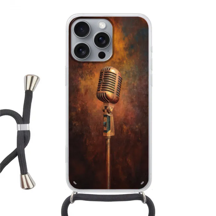 Microfoon - Bruin - Klassiek Hoesje iPhone 16 Pro Max met koord klein -3d