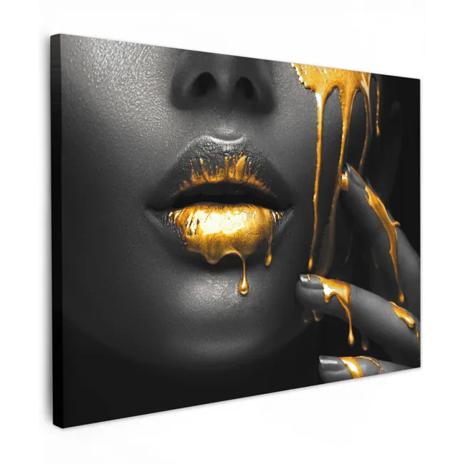 Leinwandbild - Frau - Schwarz - Gold - Gesicht - Lippen