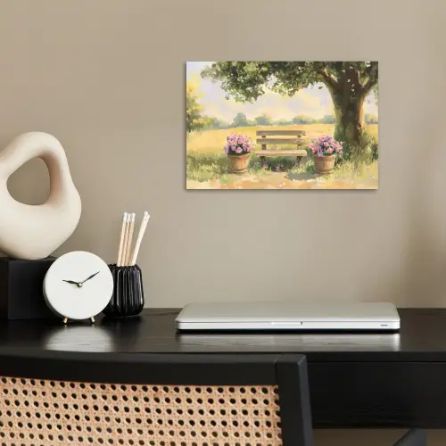 Houten bankje - Bloempotten - Landschap poster papier klein -sfeer1