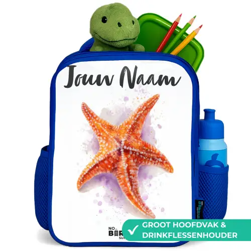 Oranje Zeester Illustratie Kinderrugzak - Blauw middel -inhoud_NL