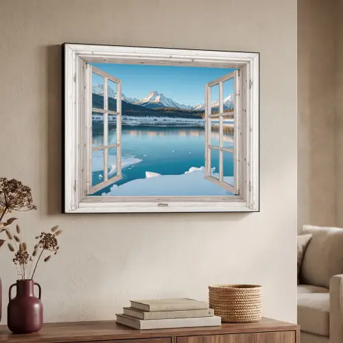 Landschap - Winter - Meer - Bergen - Uitzicht - Doorkijk - Licht Textielframe zwart klein -sfeer3