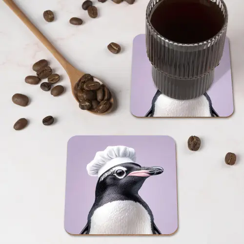Pinguïn - Koksmuts - Lief - Paars onderzetter kurk middel -sfeer2