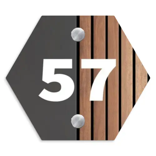 Hout en antraciet - Traditioneel Naambord Hexagon klein -3d