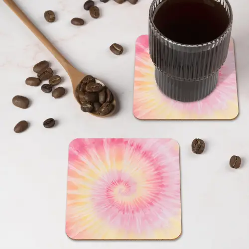 Patroon - Tie Dye - Pasteltinten - Roze onderzetter kurk middel -sfeer2