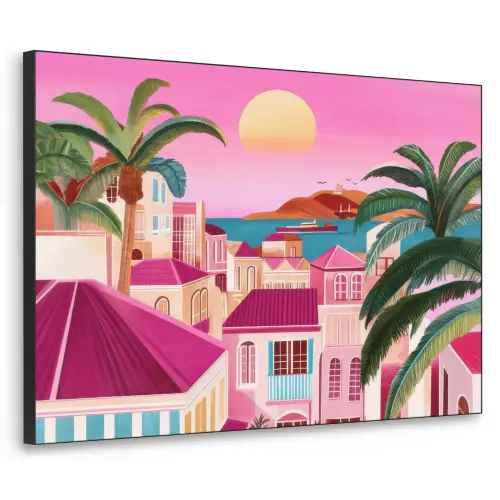 Stad - Roze - Palmbomen Textielframe zwart klein -3d