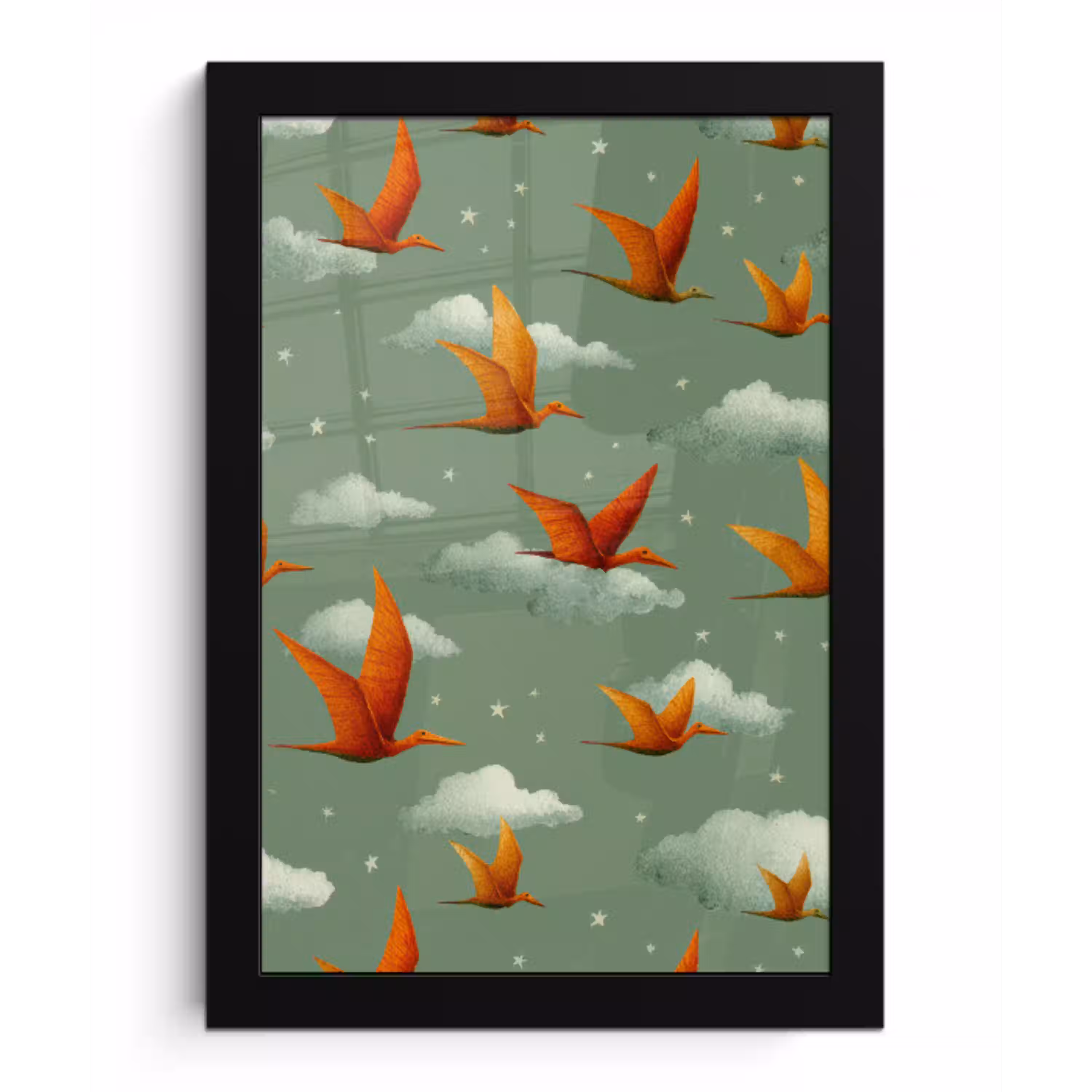 Dinosaurussen - Wolken - Sterren - Oranje fotolijst zwart zonder passe partout klein -3d
