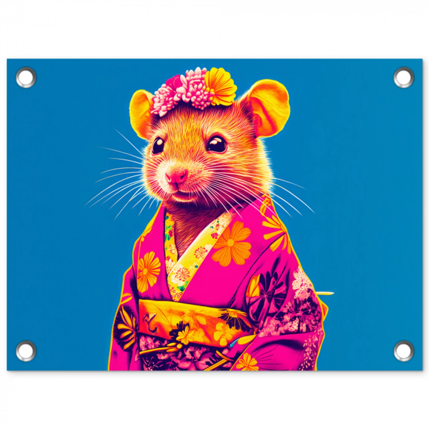 Muis - Kimono - Bloemen - Blauw tuinposter los doek klein -3d