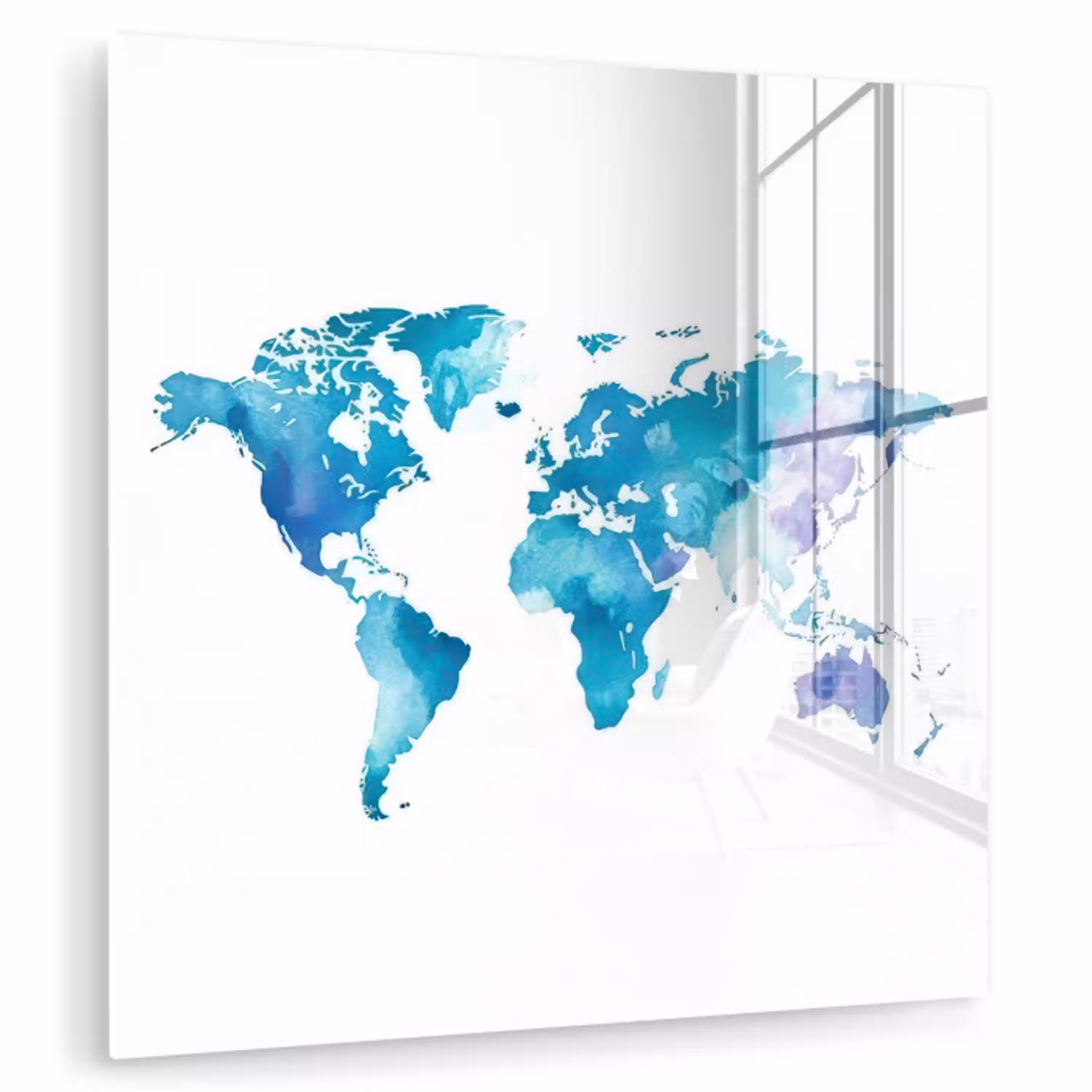 Wereldkaart - Aquarel - Blauw plexiglas 5mm klein -zzzproduct_nieuw