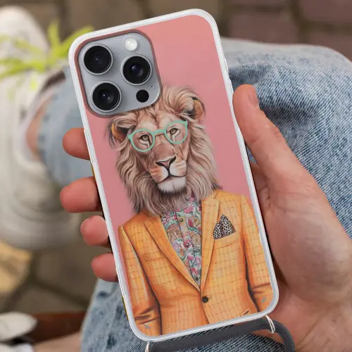 Leeuw - Pak - Geruit - Bril Hoesje iPhone 16 Pro Max met koord klein -sfeer3
