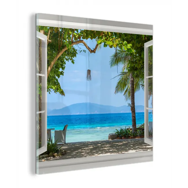 Doorkijk - Boom - Zee - Palmboom - Heuvels - Strand - Blauw plexiglas 5mm klein -z3d