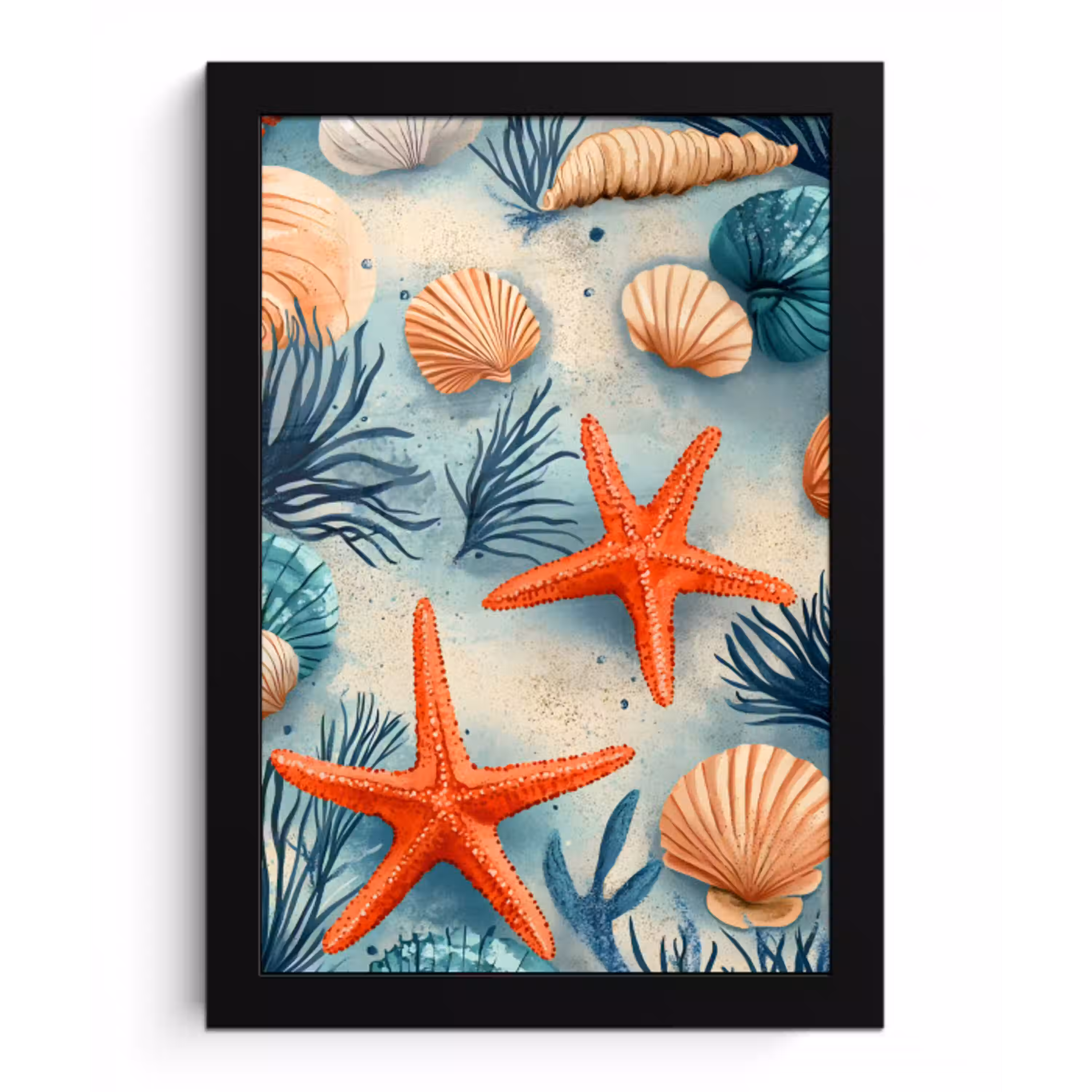 Zeesterren - Schelpen - Illustratie - Zand fotolijst zwart zonder passe partout klein -3d