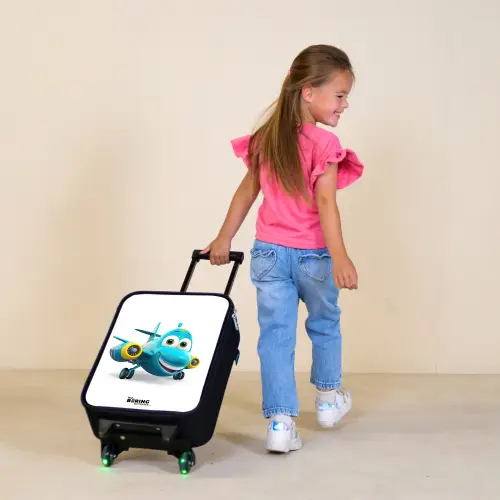 Blauw vliegtuig met lachend gezicht Kinderkoffer - Zwart klein -sfeer1
