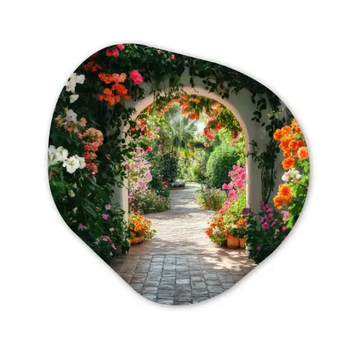 Doorkijk - Bloemen - Natuur - Bloementuin Wandcirkel Organisch Plexiglas middel -3d