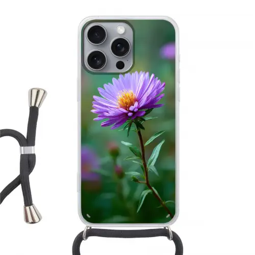 Aster - Paars - Bloem - Blaadjes Hoesje iPhone 16 Pro Max met koord klein -3d