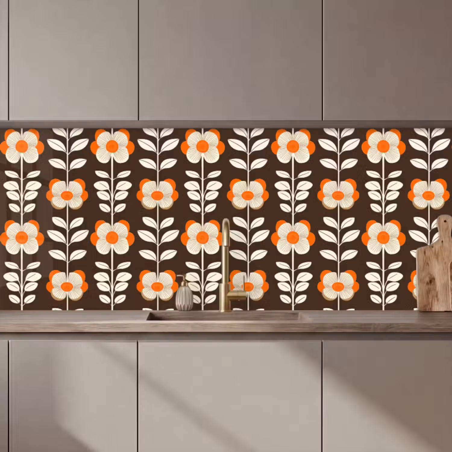 Küchenrückwand - Blumen - Retro - Braun