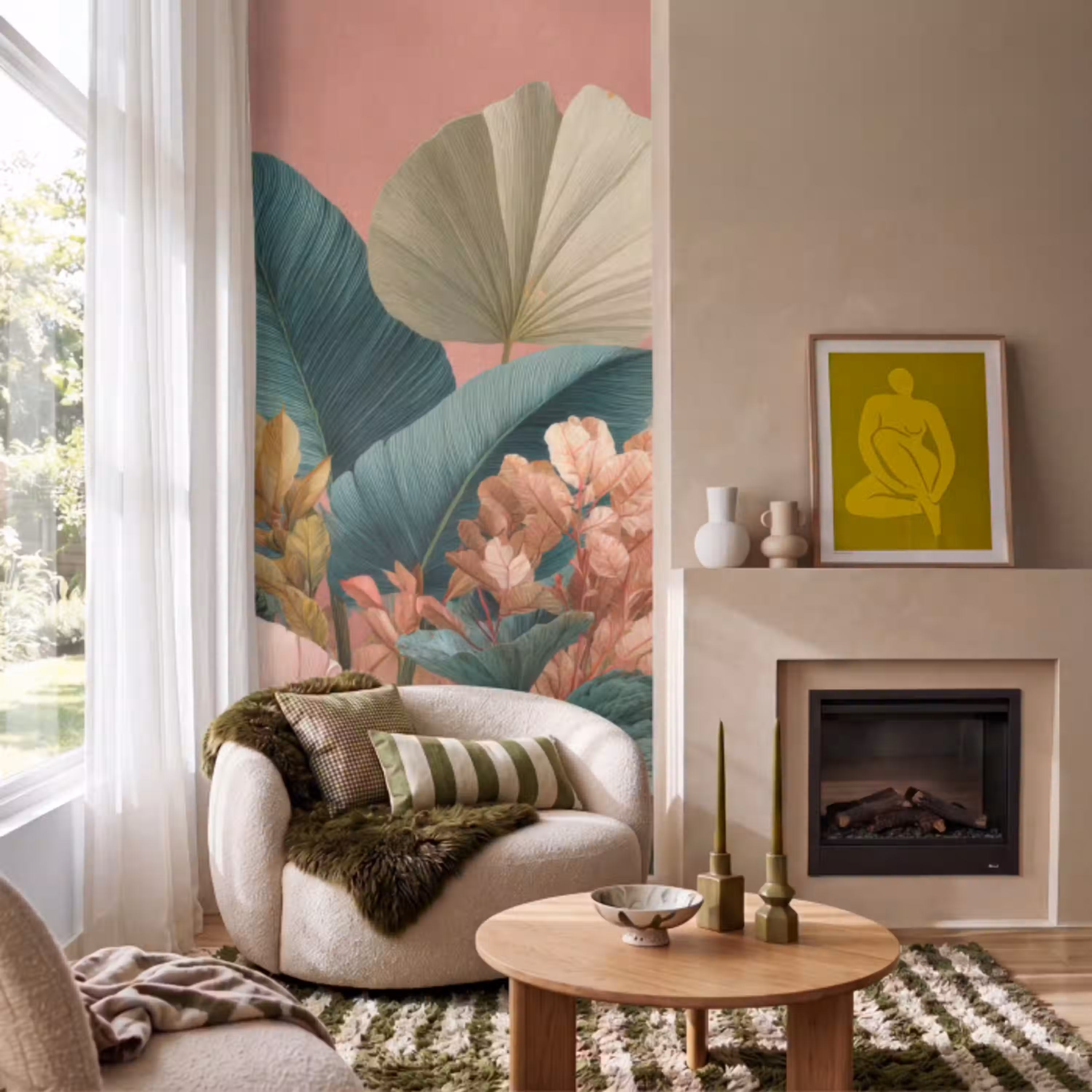 Tropische bladeren - Bloemen - Roze - groen Behang Vlies klein -sfeer2