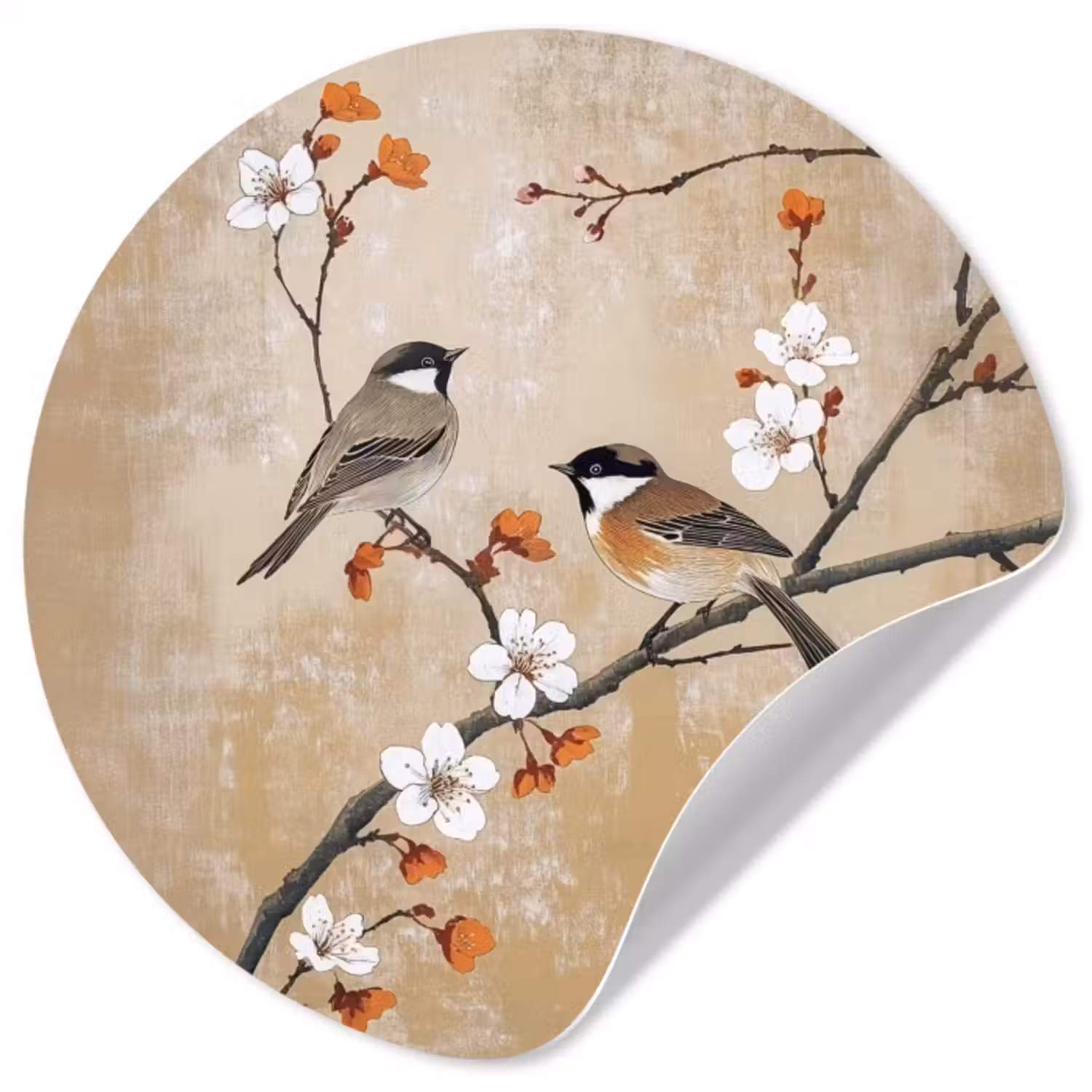 Behangcirkel - Vogels - Bloesemtak - Bloemen - Oranje