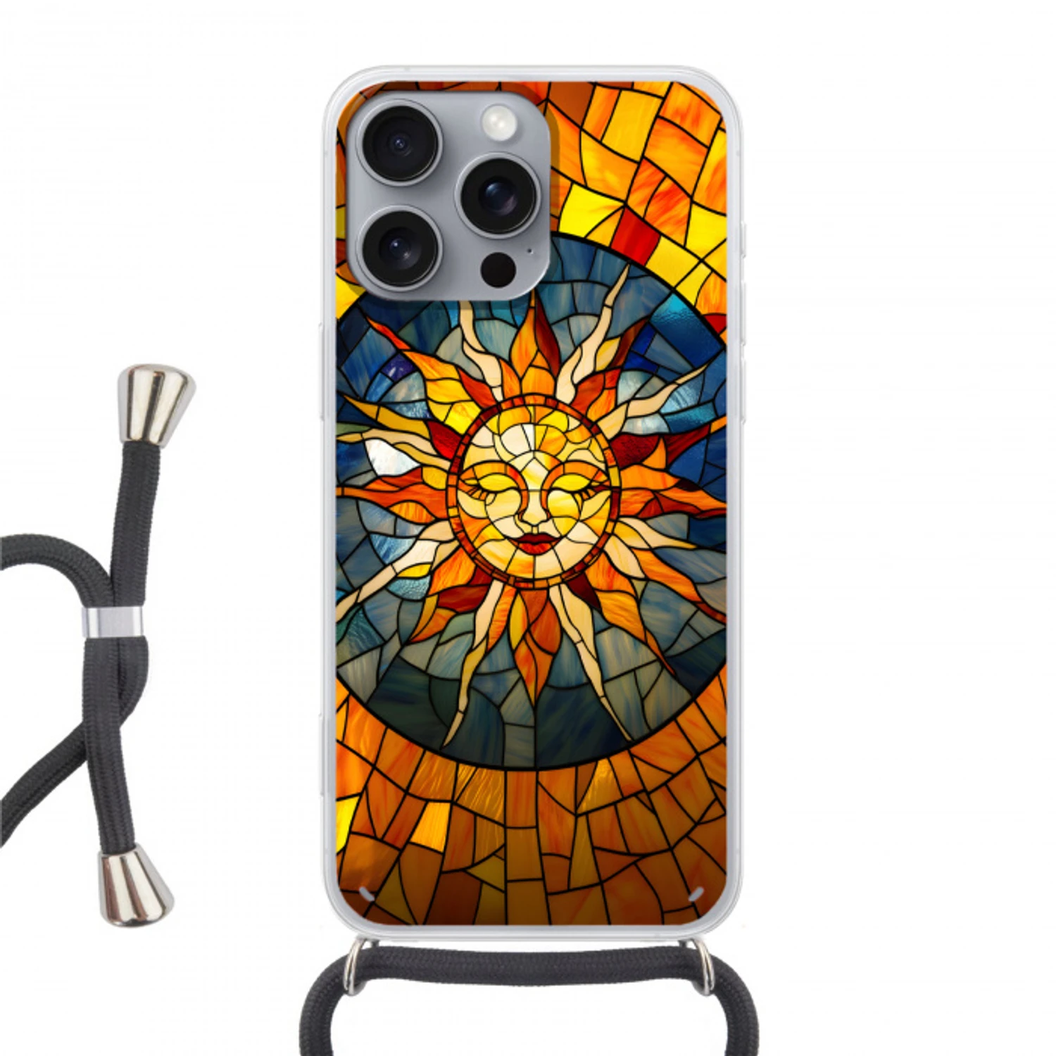 Mozaïek - Zon - Geel - Cirkel Hoesje iPhone 16 Pro Max met koord klein -3d