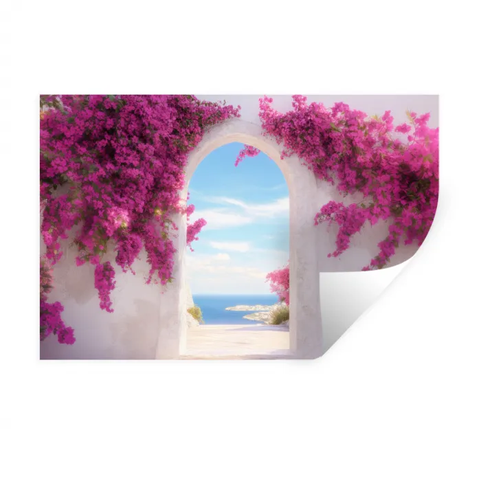Zee - Roze - Bloemen - Poort Muursticker klein -3d