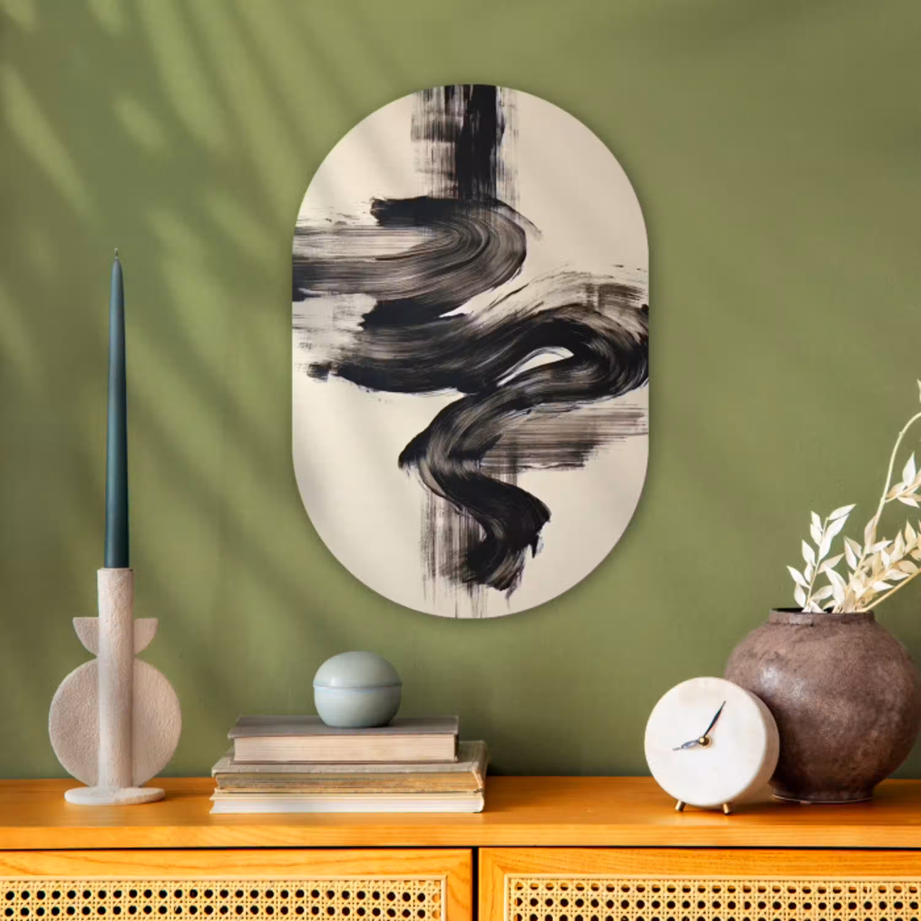 Golven - Penseelstreken - Beige - Minimalistisch Wandcirkel Ovaal Forex klein -sfeer2