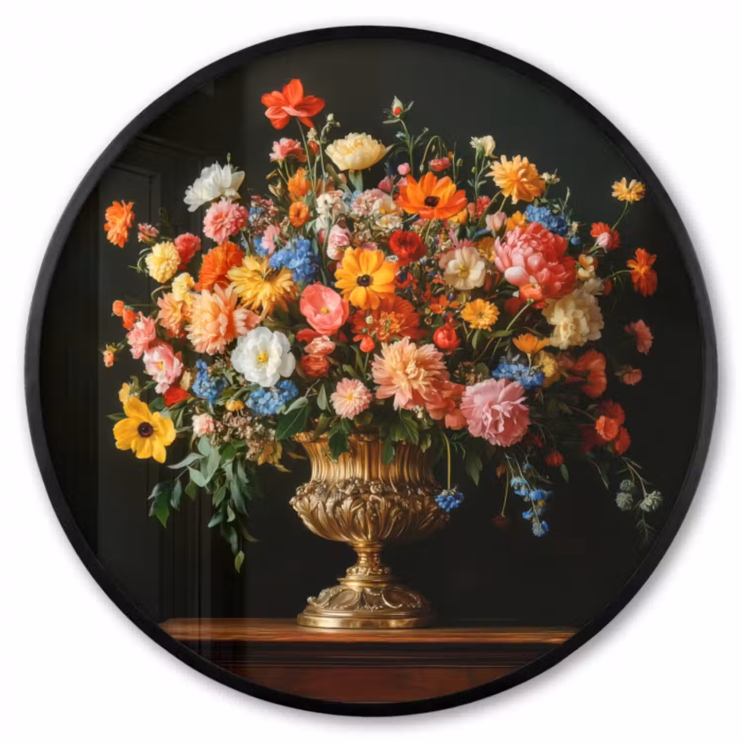 Poster im Rahmen Rund - Gold - Blumen - Farben - Vase