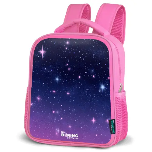 Sterren - Galaxy - Blauw - Roze Kinderrugzak - Roze middel -schuin