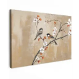 Vogels - Bloesemtak - Bloemen - Oranje Tuinposter op houten frame 2 cm dik klein -3d