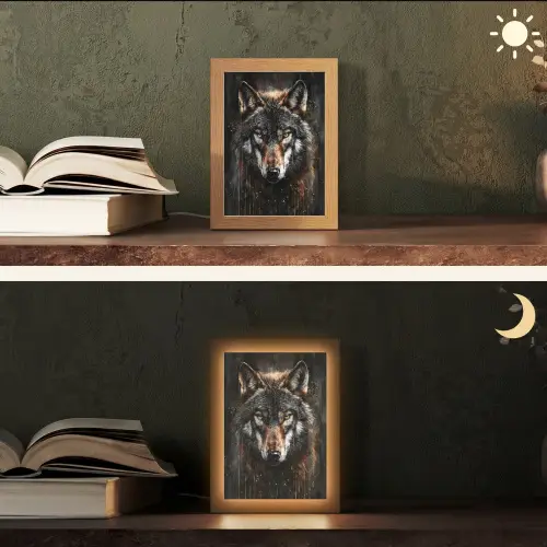 Dieren - Wolf - Portret - Zwart - Bruin Light Box met kabel (Tafellamp) klein -sfeer3