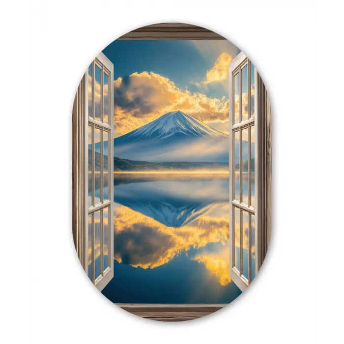 Doorkijk - Landschap - Bergen - Uitzicht - Raam Wandcirkel Ovaal Glas middel -3d