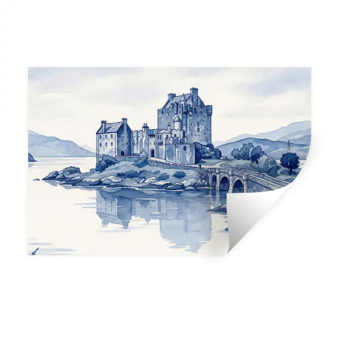 Schots - Kasteel - Blauw - Aquarel Muursticker klein -3d