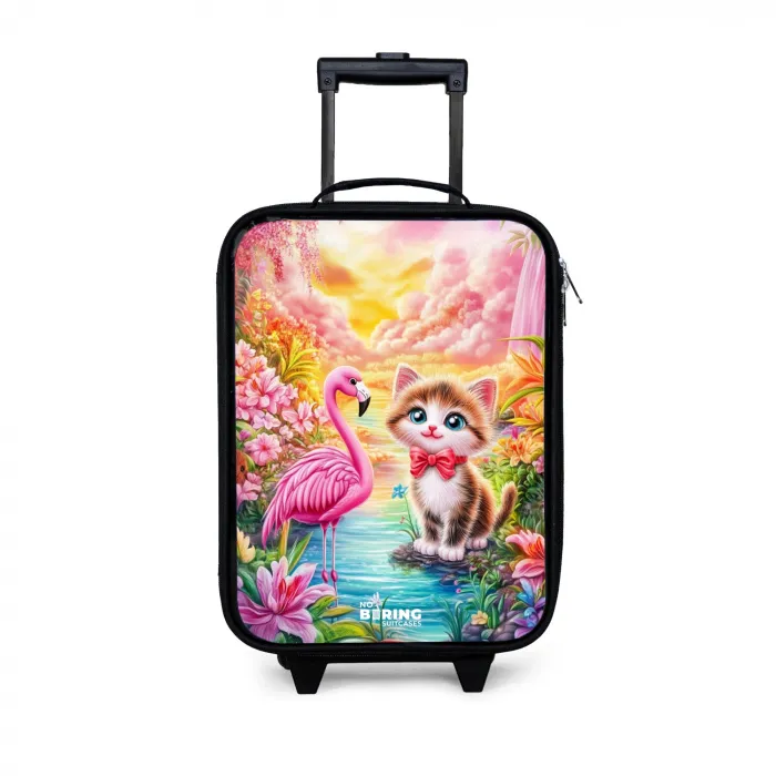 Kitten met flamingo in tropisch bloemenparadijs Kinderkoffer - Zwart klein -3d