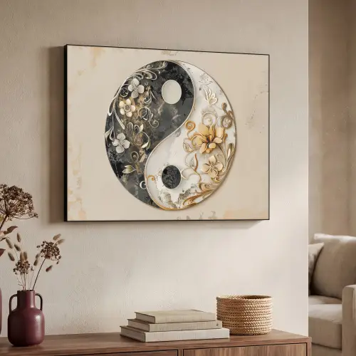 Yin Yang - Bloemen - Zwart - Wit - Vintage Textielframe zwart klein -sfeer3