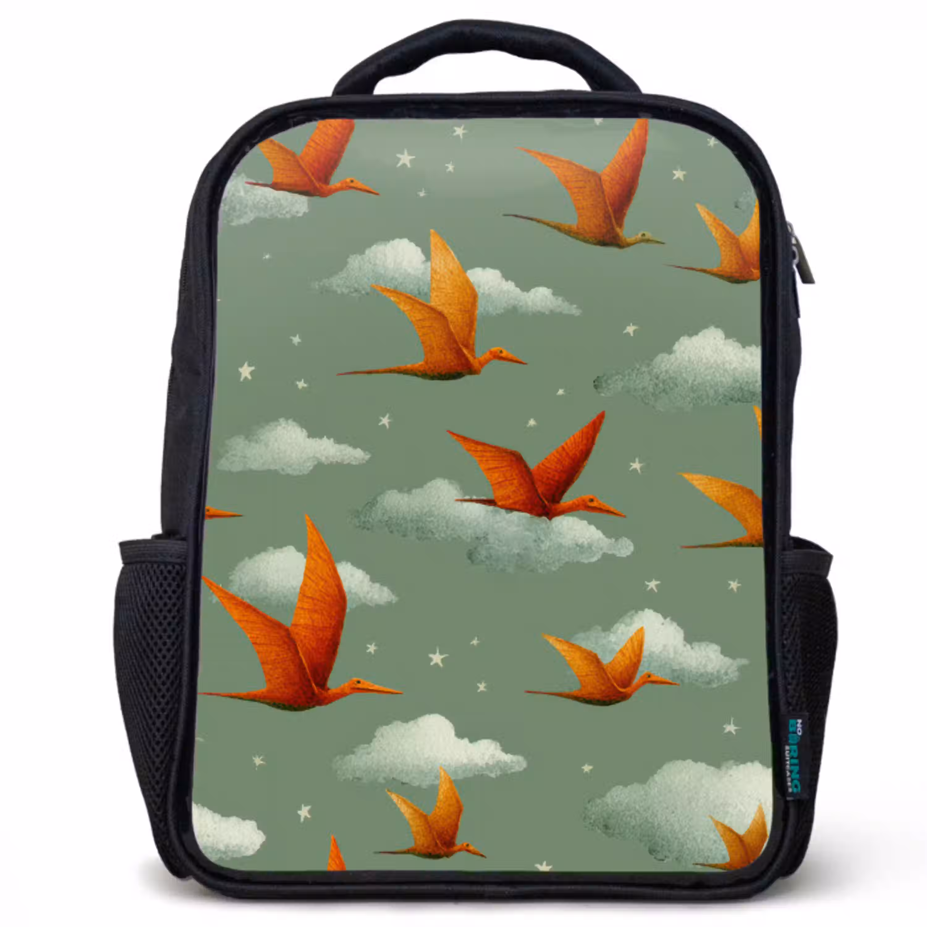 Dinosaurussen - Wolken - Sterren - Oranje Rugzak - Zwart middel -3d