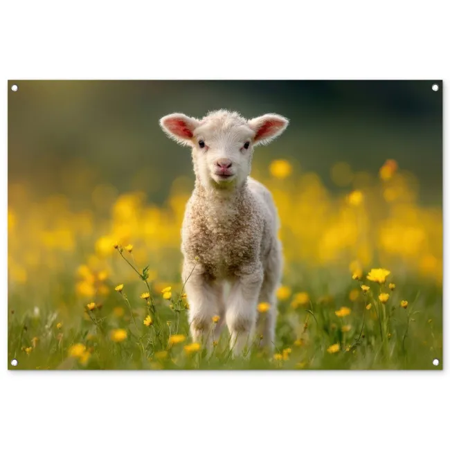 Tuinposter - Lammetje - Gras - Bloemen - Geel