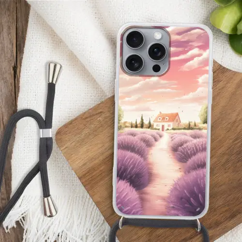 Lavendelveld - Huis - Paars Hoesje iPhone 16 Pro Max met koord klein -sfeer4