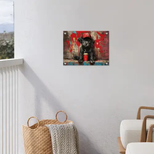 Puppy met Rode Pet en Spuitbus tuinposter los doek klein -sfeer8